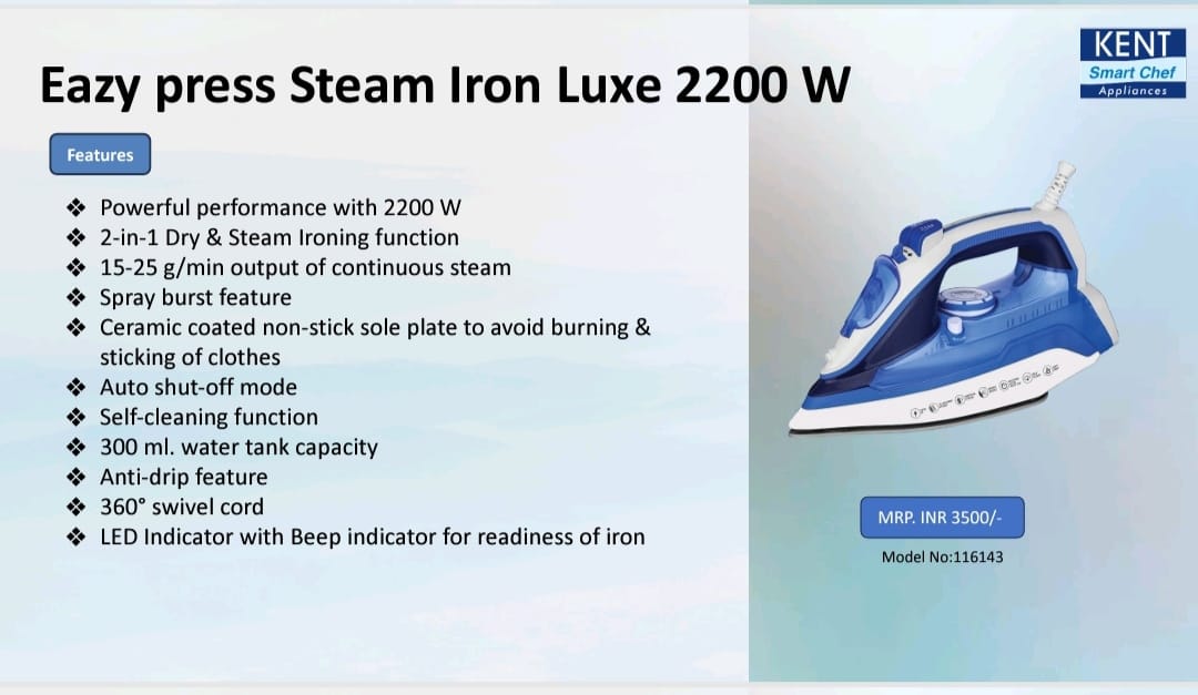 Kent easy press steam iron luxe 2200 w